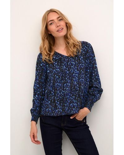 Cream Tiah Printed V-neck Casual Fit Blouse - Blue