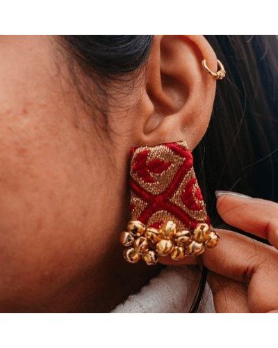The Colourful Aura Red Handmade Fabric Ghungroo Stud Earrings
