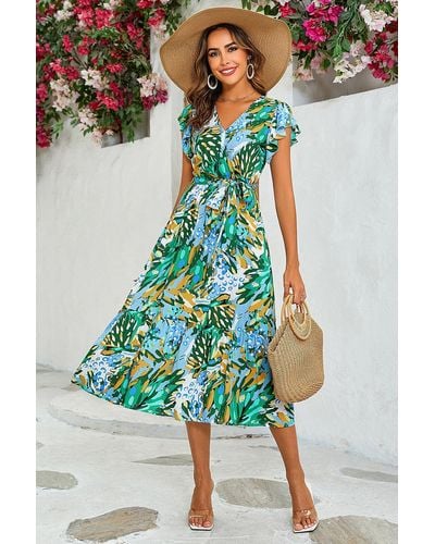FS Collection Floral Print Wrap Dress In Yellow & Green