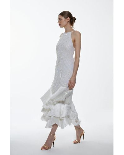 Karen Millen Fringe Woven Midi Dress - White