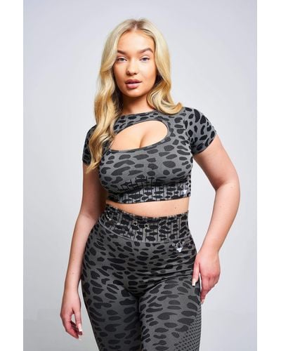 Twill Active Caneva Leopard Recycled Cut Out Crop Top Grey