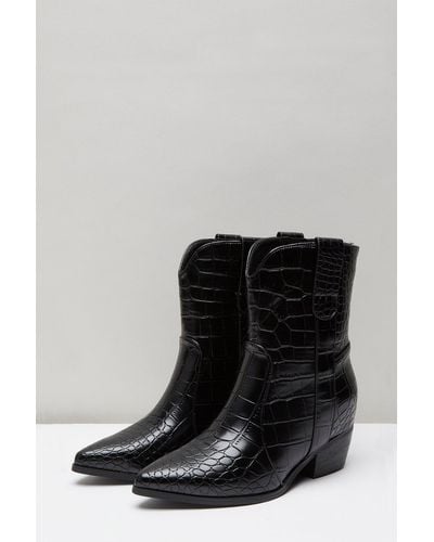 Wallis Alexis Croc Detail Western Boots - Black