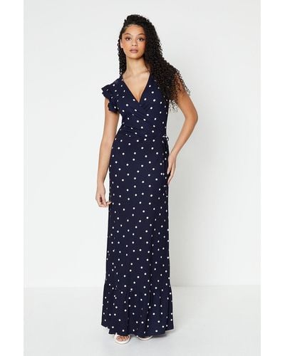 Dorothy Perkins Tall Navy Spot Frill Sleeve Wrap Maxi Dress - Blue