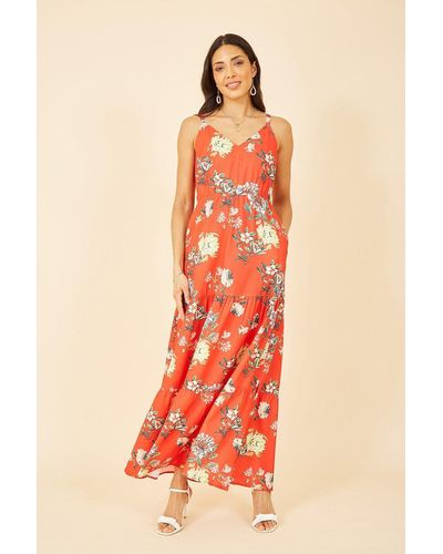 Yumi' Red Floral Strappy Tiered Maxi Dress - Orange