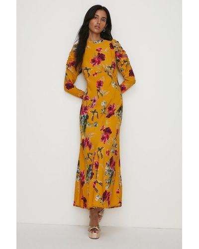 Oasis Ruched Long Sleeve Large Floral Midi Dress - Metallic