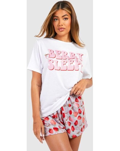 Boohoo Berry Sleepy Jersey Knit Pyjama Short Set - White