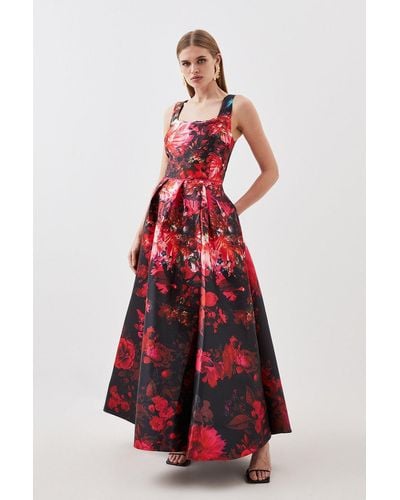 Karen Millen Tall Floral Print Satin Twill Woven Strappy Maxi Prom Dress - Red