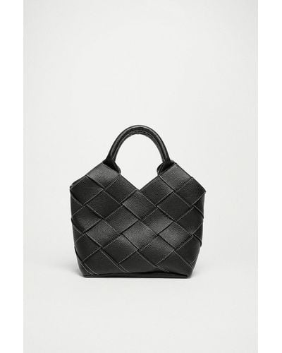 Warehouse Contrast Stitch Weave Detail Tote - Black