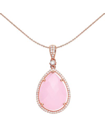Jewelco London Rose Silver Pink Pear Quartz Cz Teardrop Halo Necklace 18 Inch - Gvp386lg