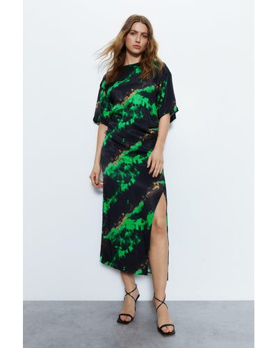 Warehouse Premium Printed Midi Dress With Side Split - Green