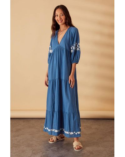 Accessorize Maxi Floral Embroidered Dress - Blue