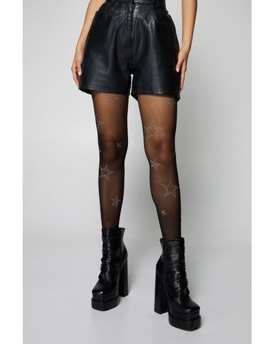 Nasty Gal Star Embellished Sheer Tights - Black