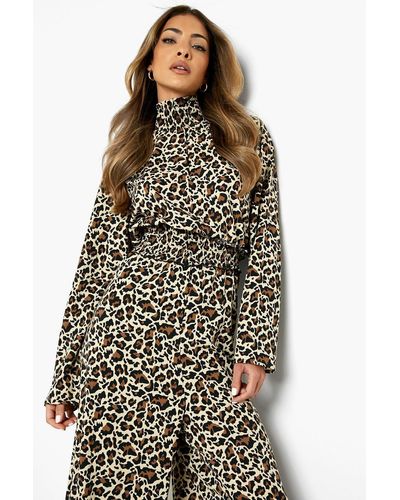 Boohoo Leopard Shirred Wide Leg Jumpsuit - Brown