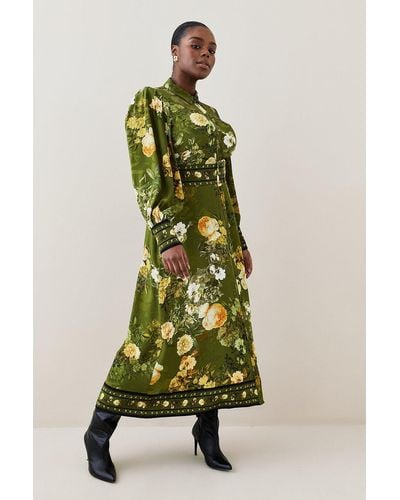 Karen Millen Lydia Millen Plus Size Floral Belted Woven Midi Shirt Dress - Green