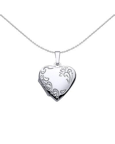 Jewelco London Silver Heart Floral Detail Locket Necklace 18 Inch - Lk29 - Metallic