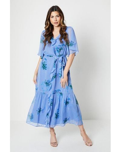 Wallis Floral Print Chiffon Ruffle Maxi Dress - Blue