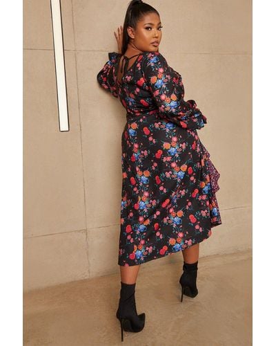 Chi Chi London Plus Size Long Sleeve Plunge Floral Printed Midi Dress - Multicolour
