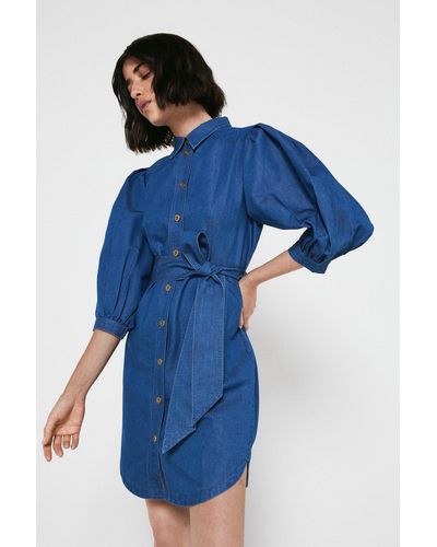 Warehouse Chambray Yoke Detail Belted Mini Dress - Blue