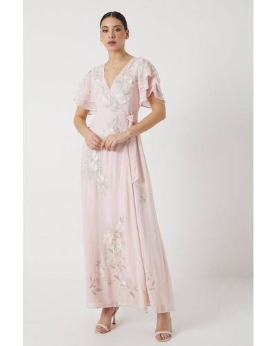 Coast Rose Embroidered Flutter Sleeve Wrap Bridesmaids Maxi Dress - Pink