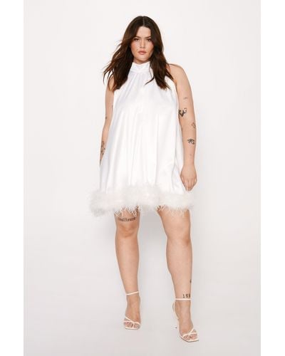 Nasty Gal Plus Size Satin Feather Trim Swing Dress - White