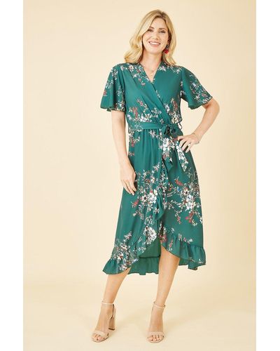 Mela Green Floral Dip Hem Wrap Midi Dress - Blue