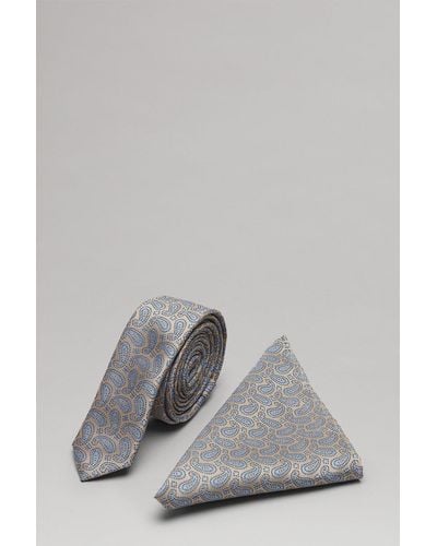 Burton Grey Spaced Out Paisley Skinny Tie And Pocket Square Set