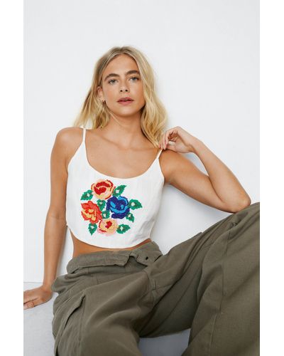Nasty Gal Rose Embroidery Corset Crop Top - White