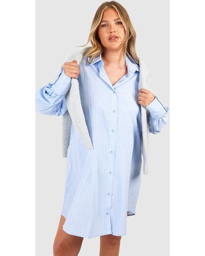 Boohoo Plus Stripe Balloon Sleeve Shirt Dress - Blue