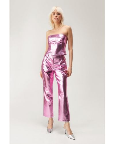 Nasty Gal Metallic Faux Leather Straight Leg Trousers - Pink