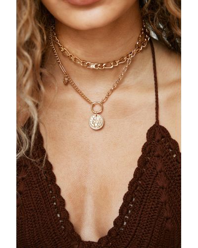 Nasty Gal Metal Coin Double Layered Necklace - Brown