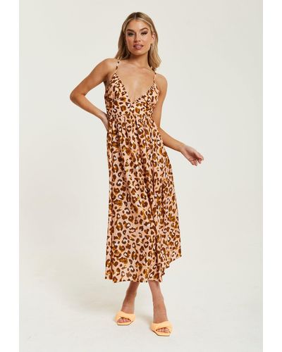 Liquorish Brown Leopard Strappy Midi Dress With Open Back - White