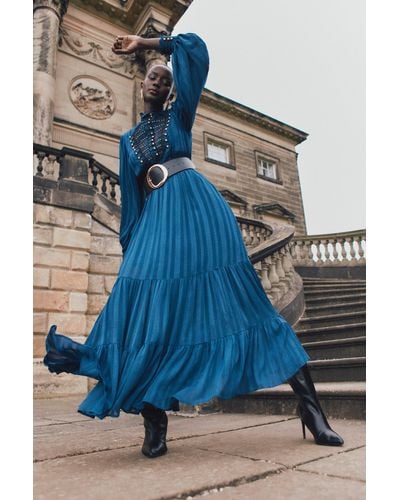 Karen Millen Cornelli Studded Military Woven Maxi Dress - Blue
