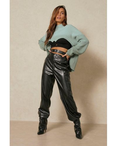 MissPap Leather Look Double Waisted Joggers - Black