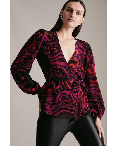 Karen Millen Zebra Print Woven Wrap Top - Red