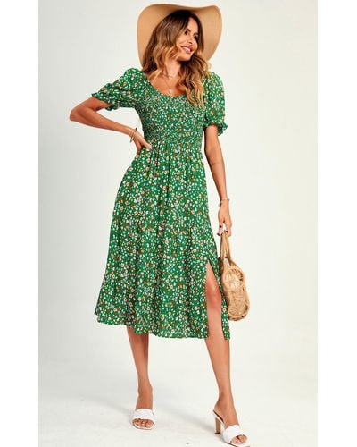 FS Collection Bardot Puff Sleeve Elasticated Detail Spilet Midi Dress In Green Flora Print