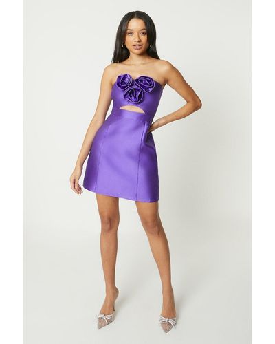 Debut London Floral Corsage Twill Mini Dress - Purple