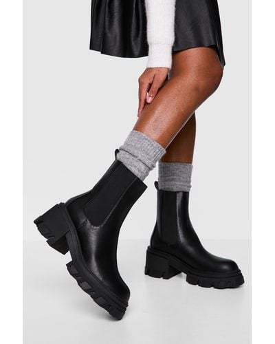 Boohoo Lug Sole Low Heel Chunky Chelsea Boots - Black