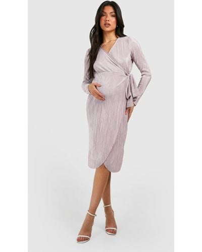 Boohoo Maternity Plisse Wrap Belted Midi Dress - Red