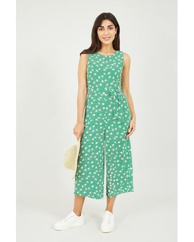 Mela Green Floral And Dash Print Culotte Jumpsuit