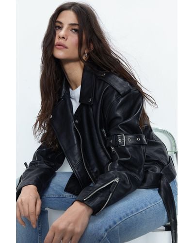Warehouse Premium Real Leather Buckle Detail Jacket - Black