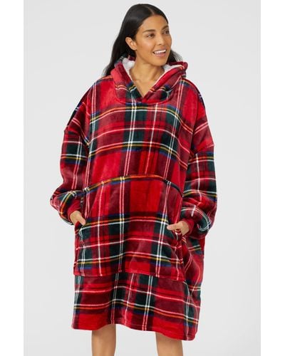 DEBENHAMS Check Hoodie Blanket With Sherpa Lining - Red