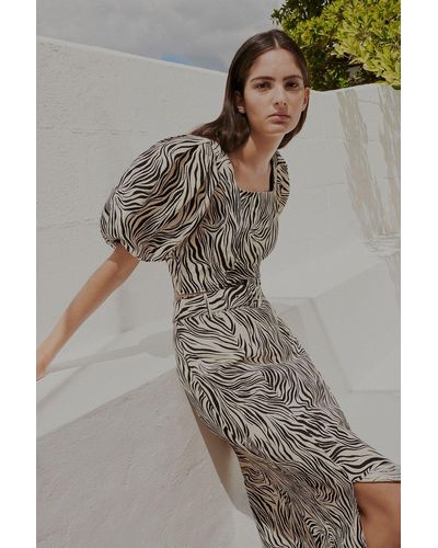Warehouse Linen Mix Zebra Belted Midi Skirt - Multicolour