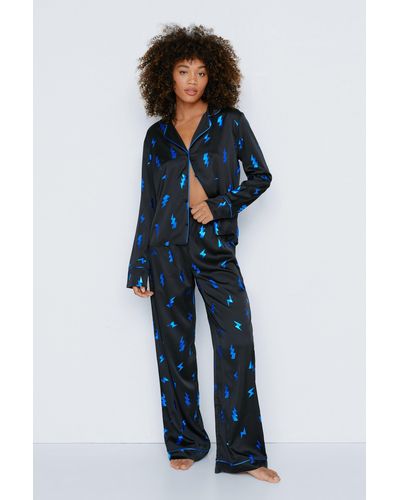 Nasty Gal Satin Foil Lightening Bolt Pyjama Trousers Set - Blue