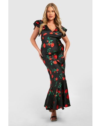 Boohoo Plus Rose Print Frill Sleeve Maxi Dress - Black