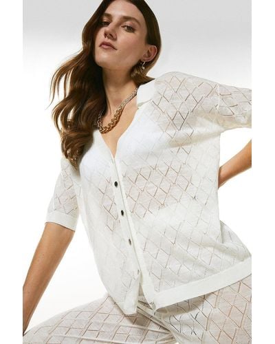 Karen Millen Open Stitch Collar And Belted Linen Blend Top - White