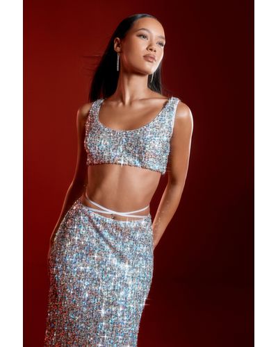 MissPap Metallic Sequin Scoop Bralet & Tie Detail Maxi Skirt Co Ord - Blue