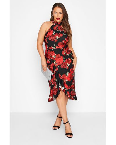 Yours Floral Ruffle Wrap Dress - Red