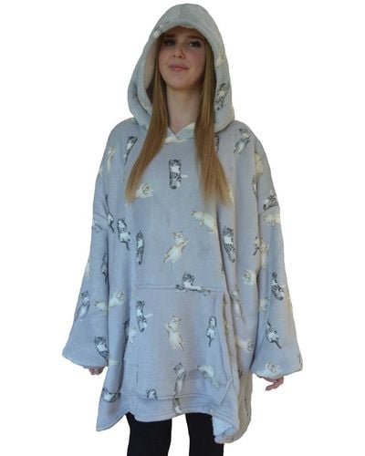 Rapport Cute Cats Silver Sherpa Lined Hoodie Hooded Blanket - Blue