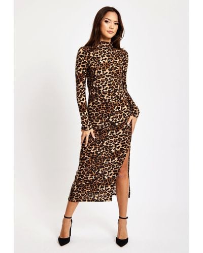 Liquorish Brushed Knit Leopard Print Midi Dress With Front Slit - Natural
