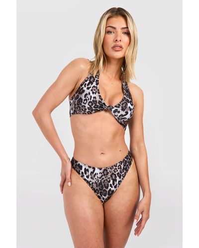 Boohoo Leopard Halterneck Padded Bikini Set - Brown